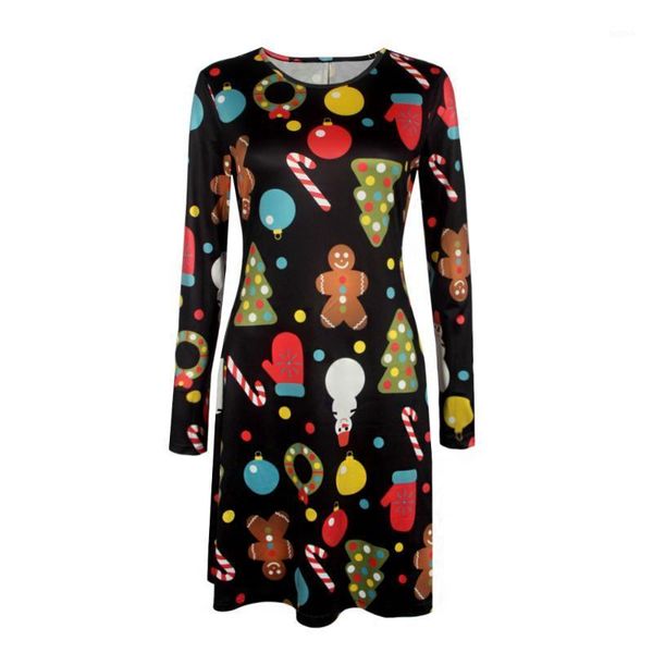 

large size women clothing christmas dress cute snowman santa cartton print long sleeve casual loose a-line dress femmme vestidos1, Black;gray
