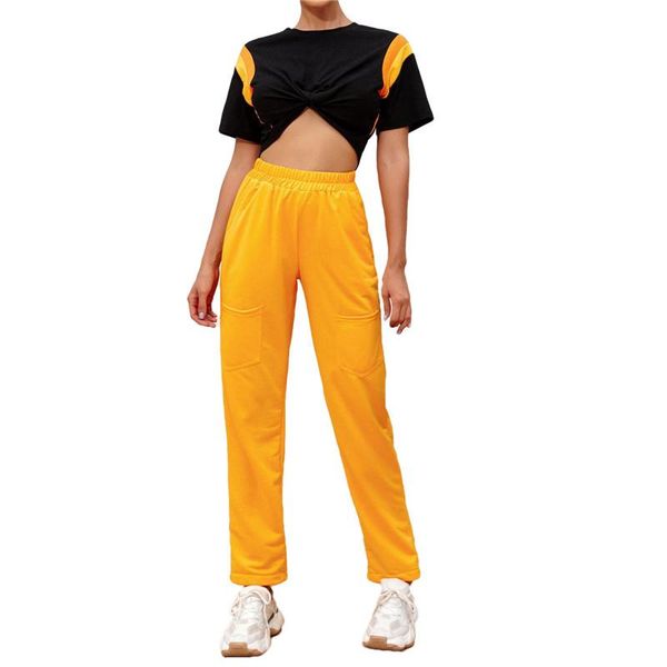 

women casual loose trousers solid high waist sport trousers female elastic waist streetwear pants with pockets, Black;white
