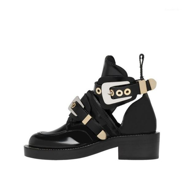 

boots brand buckle strap thick heel ankle real leather women hollow out punk motorcycle runway summer shoes plus size 421, Black