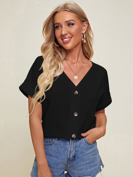 

v-neck cuffed sleeve button placket blouse j7p4#, White