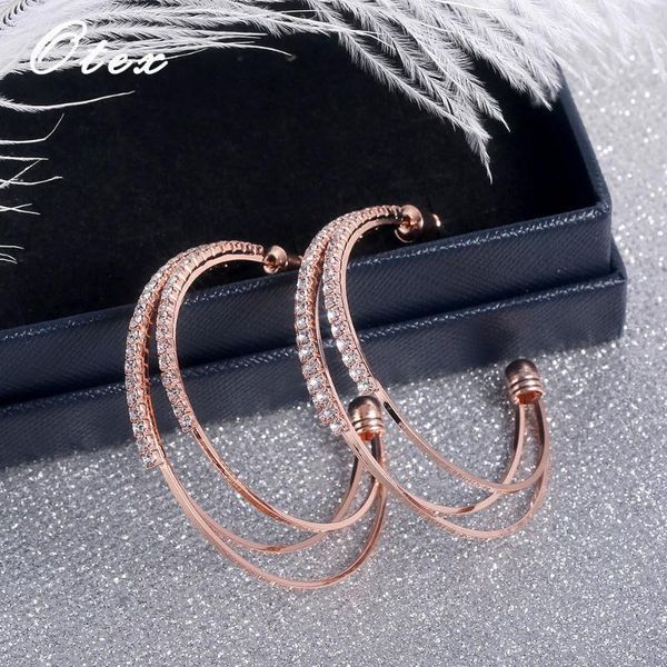 

korean fashion multi-layer big circle rhinestone hoop earrings for women c shape geometry statement loop earrings1, Golden;silver