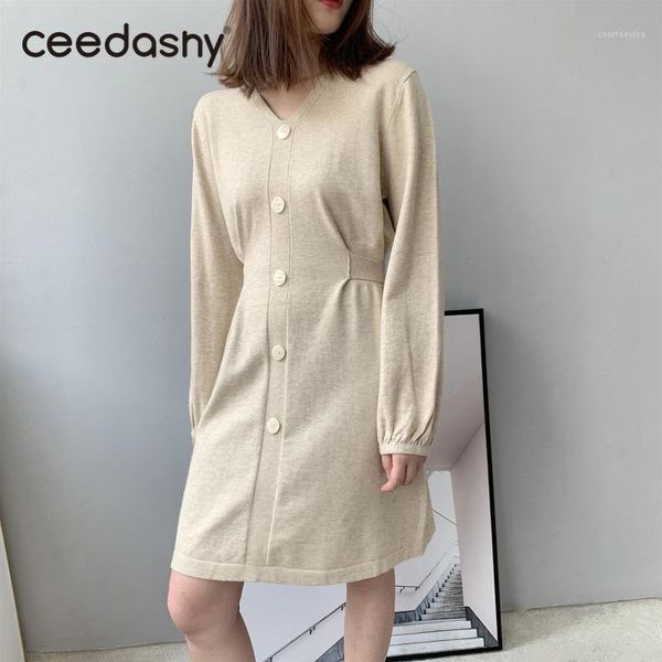

korean style full sleeve loose mini short women sweater dress spring chic v neck fashion female knitted dress casual dresses new1, Black;gray