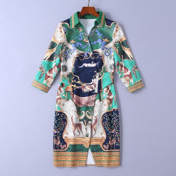

milan runway dress 2019 new green lapel neck 3/4 sleeve panelled deer print designer dress brand same style dress f-7, Black