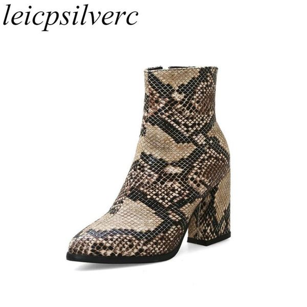 

women boots autumn winter shoes super high heel zip pointed toe ankle 2020 new fashion snakeskin pattern brown white, Black