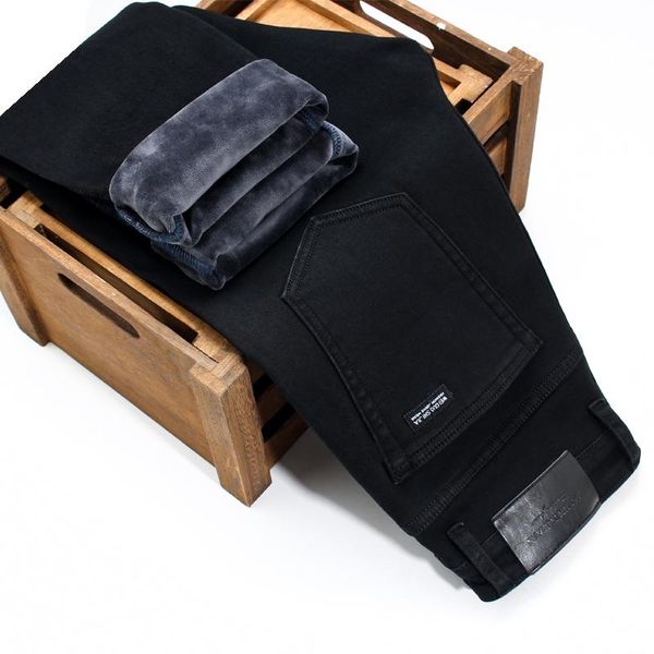 

38 40 42 44 46 men's slim black jeans classic pocket embroidery winter brand clothing fleece thick warm youth fit fashion jeans, Blue