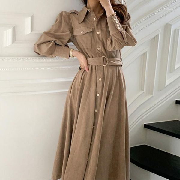 

ewq] 2020 autumn female loose casual turn down collar single breasted solid color long sleeve minimalist a-line dress 8q0841, Black;gray