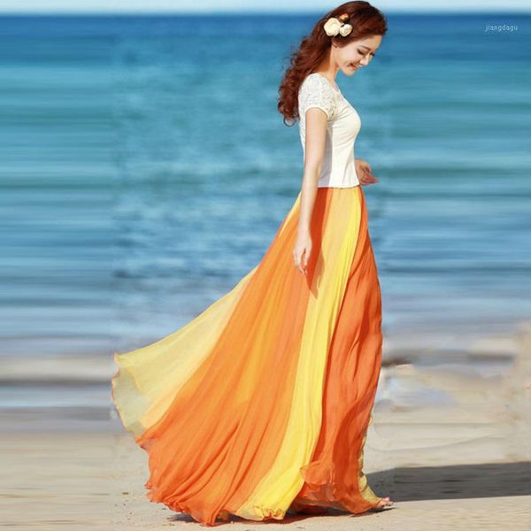 

plus size 2018 elegant elastic high waist women chiffon long boho maxi skirts ruffles hem skirt summer skirt saia longa faldas1, Black
