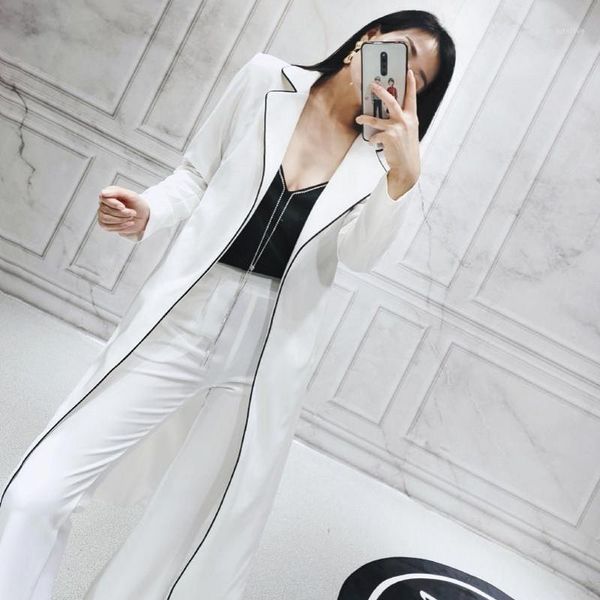 

runway new women long blazer trench coat wide leg pants office ladies two piece set classic sashes lace up suit sets coordinates1, White;black