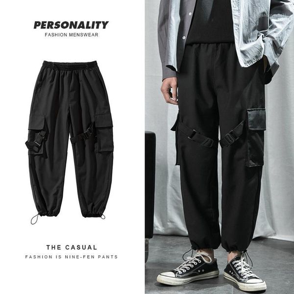 

men's pants drawstring multi-pocket overalls men's fashion solid color casual cargo men streetwear wild loose hip hop trousers men, Black