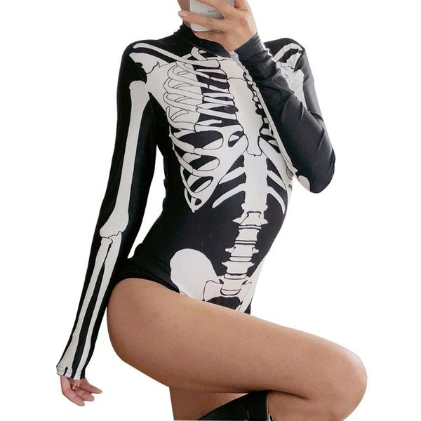 

black women bodysuits round neck slim new punk rock style skull pattern one-piece women bodysuit, Black;white