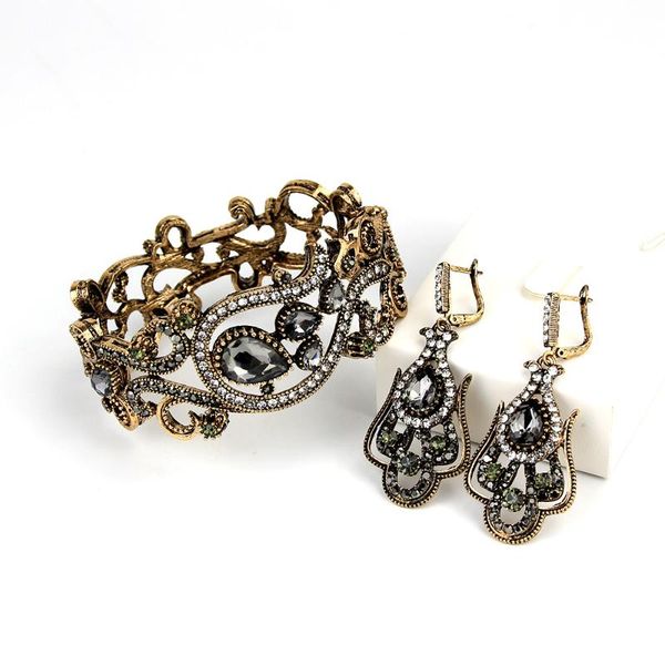 

sunspicems fashion bohemia gray crystal bangle earring sets for women turkish jewelry ethnic wedding bijoux bride gift wholesale, Silver