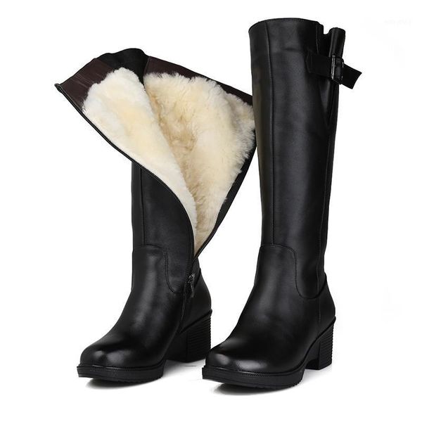 

dilalula 2020 genuine leather snow boots women winter med heels wool lining warm knee high winter women's boots 35 431, Black