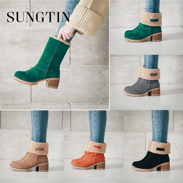 

sungtin women fashion warm ankle snow winter fur short boots ladies plush suede chunky mid heel round toe booties shoes y200915, Black