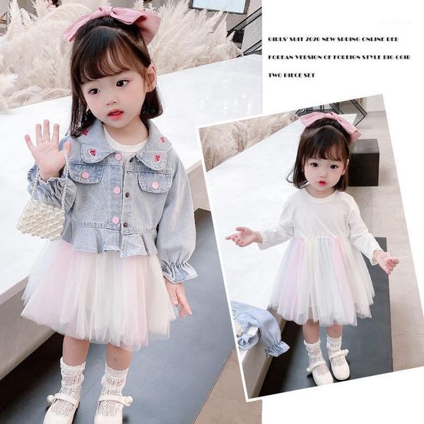 

clothing sets girls denim dress suit 2021 autumn kids lantern sleeve jacket child teasure princess set1, White