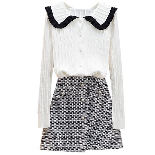 

sweet women vogue fashion suits new female autumn knitting coat cardigan sweater & plaid skirt two-piece good cloth set, Gray