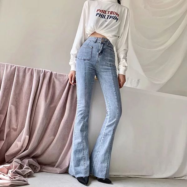 

women high-rise waist buttons flared jeans elastic jeans, Black