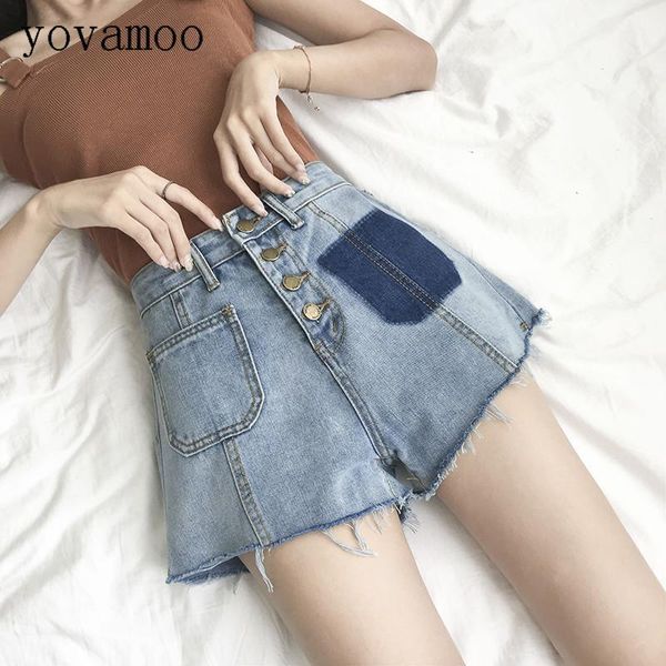 

yovamoo front button pocket high waist color block fashion denim shorts women 2018 summer new chic wide leg short jeans blue1, White;black