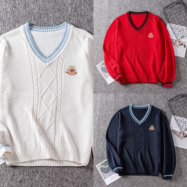 

byvkh outai bearembroidered prismatic v-neck color matching embroidered heyeu loose sweater jk uniform girlfriends couple sweater, White;black