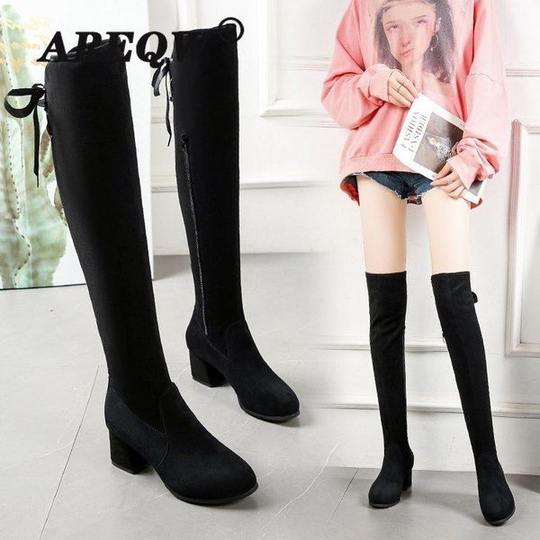 

women high heels over the knee boots women thick heel shoes woman autumn winter flock zipper long boots mujer 2020, Black