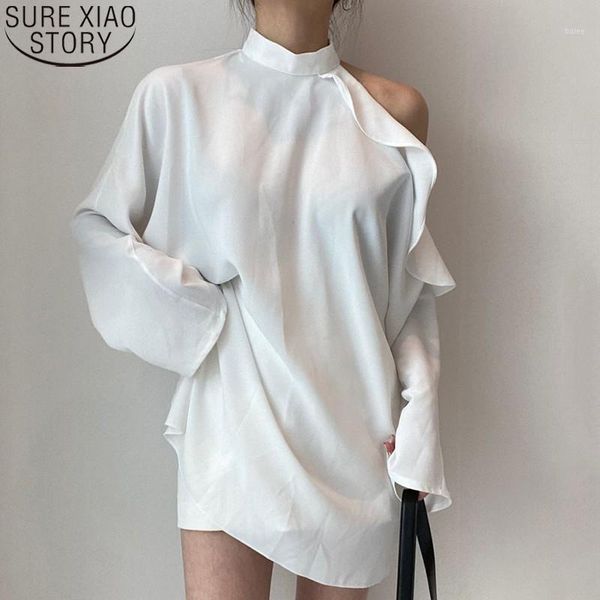 

women off shoulder ruffle korean chic vintage blouse stand collar lace up waist long sleeve shirt women loose blouse 120901, White