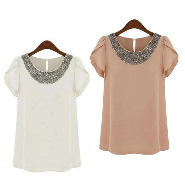 

горячие блудниц рубашки, украшенной блестящей бисером цепи рубашки листьев лотоса рукав рубашки шифон блузка 2 цвета, White