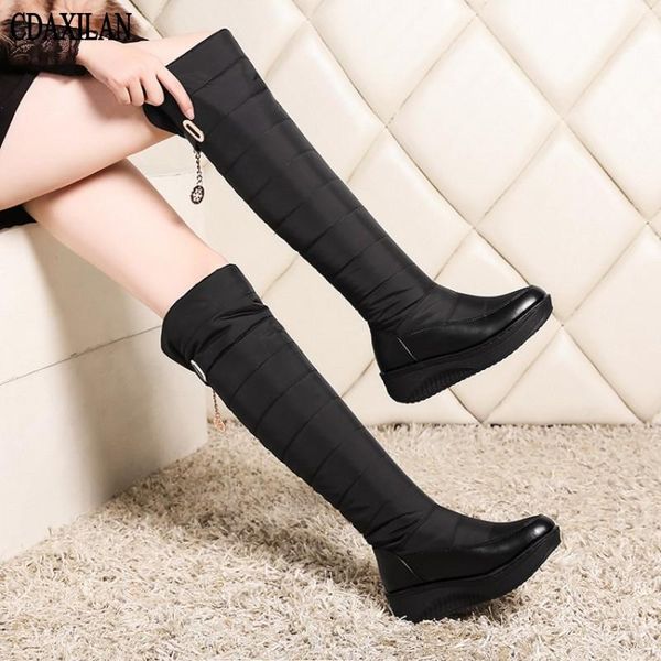 

cdaxilan new arrivals snow boots women pu leather down cloth 45cm knee-high boots leg-warming plush zip middle heel shoes, Black
