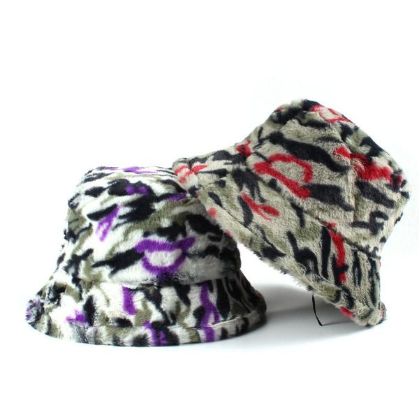 

wide brim hats 2021 winter cow leopard print faux fur plush bucket for women outdoor warm hat soft velvet fisherman cap fashion panama, Blue;gray