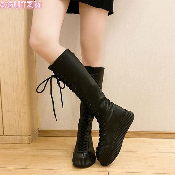

women shoes warm long boots shoes woman 2020 new autumn winter leather women knee high boots lace-up high heels naked, Black