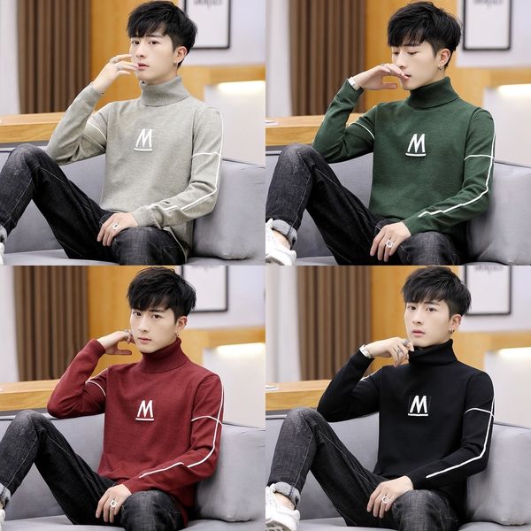 

rzian men's long-sleeved slim turtleneck autumn -letter and trendy youth spring sweater men's personalized sweater ba59k, Blue