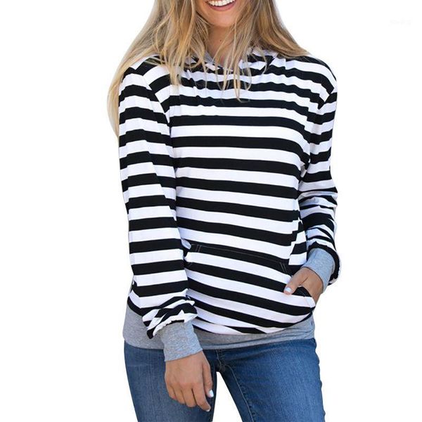 

autumn women striped hoodie with pocket long sleeve casual outerwear fashion 1, Black