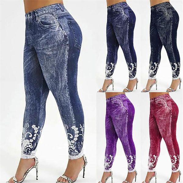

women gym leggings faux denim jeans leggings pocket printing casual high waist pencil pants plus size pants1, Black