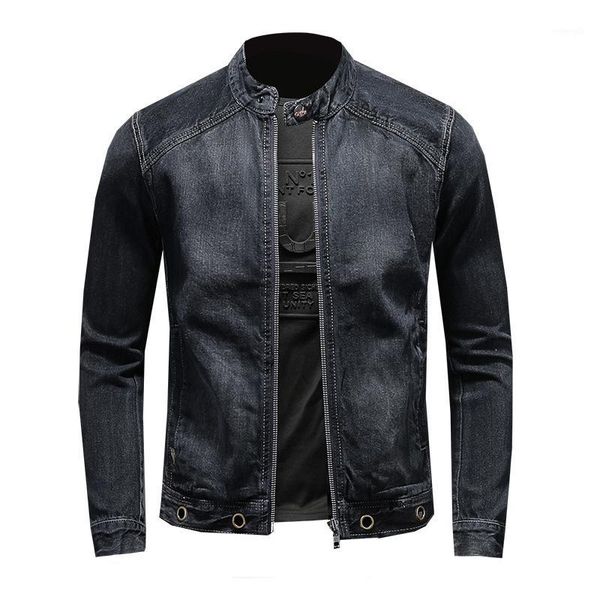 

bonjean stand collar men's motorcycle biker jeans jackets patchwork denim man slim fit streetwear vintage jacket spring coat1, Black;brown