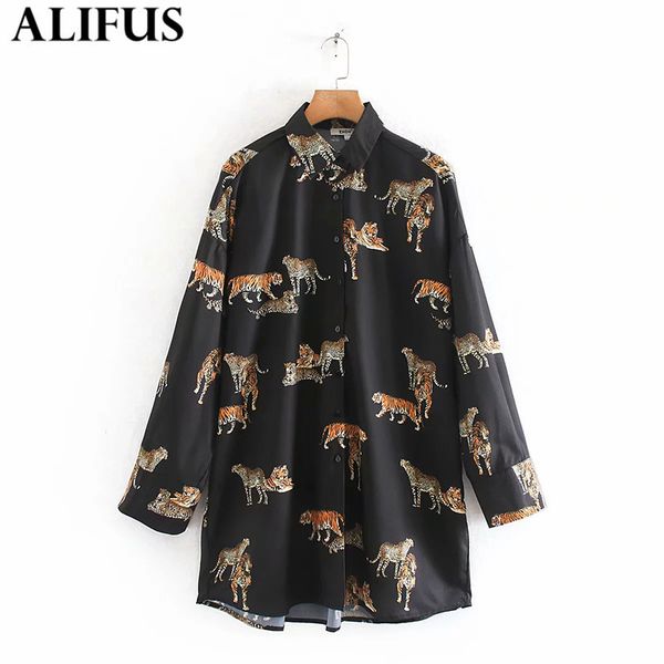 

fashion za women shirt 2019 vintage tiger print turn-down collar shirts blouses loose ladies long sleeve blusas t200321, White
