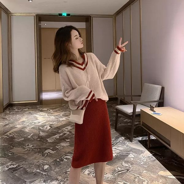 

undqm autumn small knitted suit skirt skirtnew knitted two-piece set 2020 skirt new skirtwomen's shirt sweater tynmk, Gray