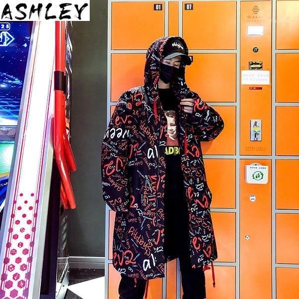 

trench long jacket mens full letter printed harajuku hooded windbreaker hip hop autumn winter overcoat male casual outwear1, Tan;black