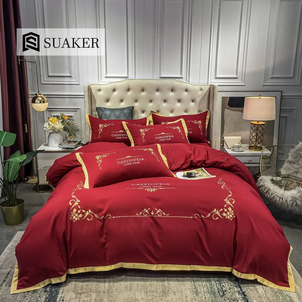 

suaker luxury pure red bedding set european style embroidery  king duvet cover set flat sheet or fitted sheet pillowcase 1012