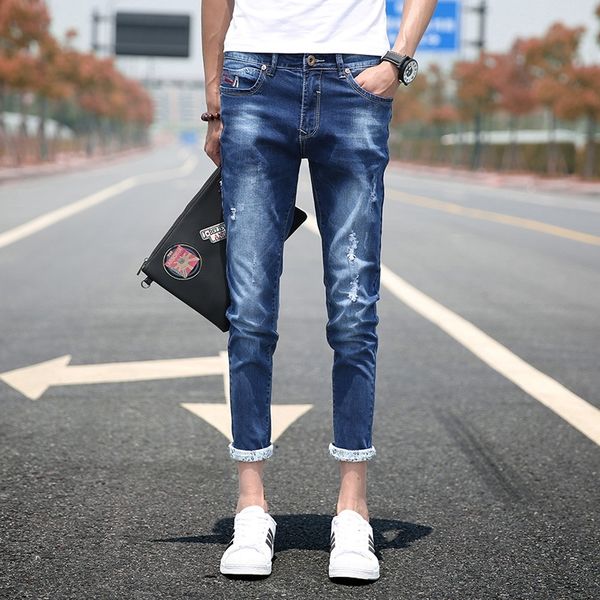 

ofesn men's jeans jeanssmall holes in summer of student's 2019 ankle-length jeanscasual with foot nine point pants fashion casual, Blue