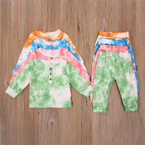 

clothing sets autumn clothes baby girls boy tie dye pullover long sleeve t-shirts +pants homewear outfits for 0-18m, White