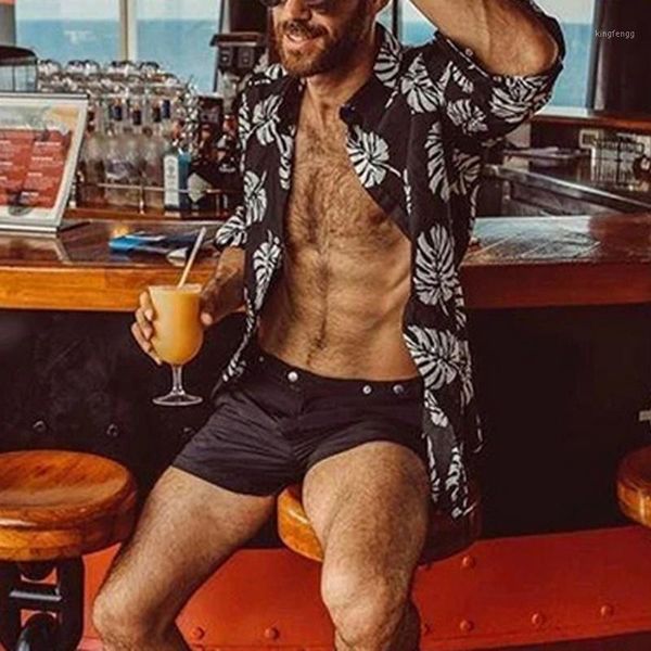 

men's hawaiian shirt floral print long sleeve casual shirt turn-down collar holiday beach shirts summer men clothing1, White;black