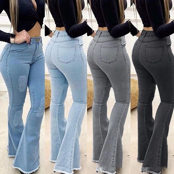 

fashion women jeans ripped solid color trouser flared pants streetwear female lamy high waist jeans fashion skinny pants, Blue