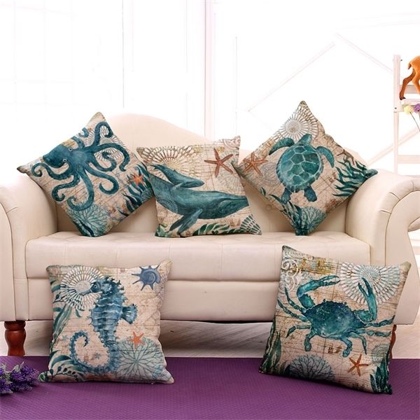 

ocs cotton linen cushion cover marine ocean animal pattern pillow case home sofa bedroom decorative supplies