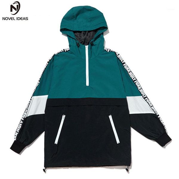 

novel ideas patchwork color block pullover hooded jackets autumn zipper tracksuit casual jacket coats hip hop male streetwear1, Black;brown