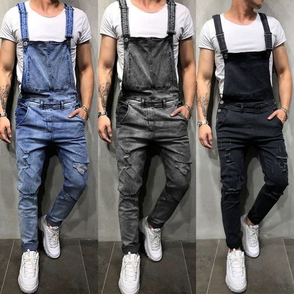 

men's overall fashion distressed denim pants jumpsuits casual overalls bib moto biker jeans men clothing, Black