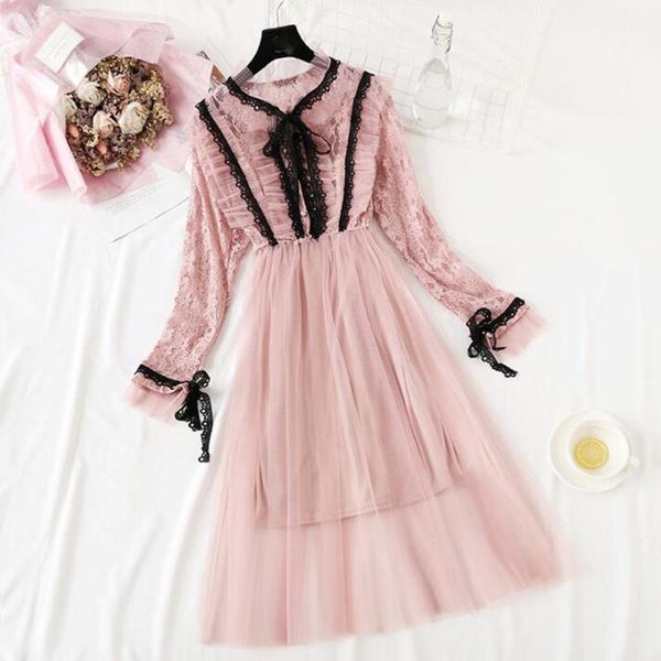 

spring female sweet gauze mesh lace dress 2020 long sleeve ruffles pleated dresses elastic waist women party dress two piece1, Black;gray