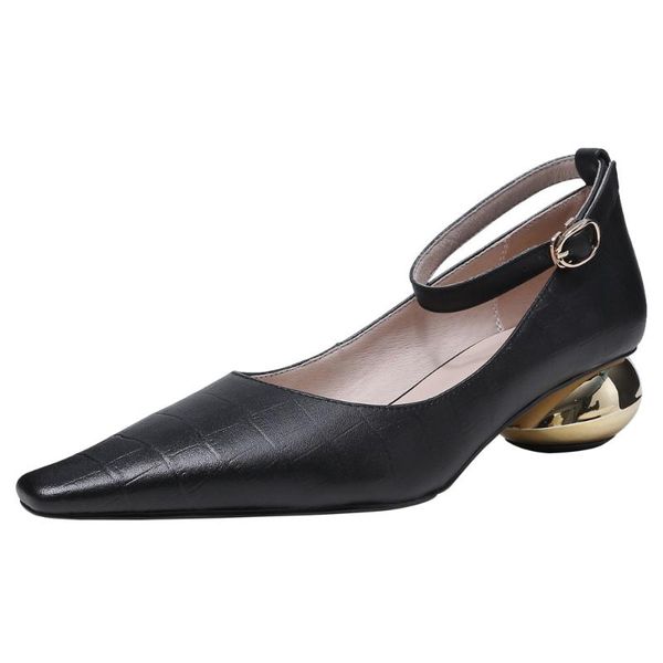 

women's genuine leather ankle strap ball heel pointed toe pumps retro vintage female comfortabe footwear shoes sale, Black