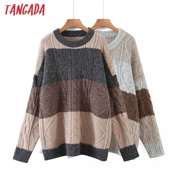 

tangada women fashion striped knitted sweater jumper o neck female elegant oversize pullovers chic qw53 201130, White;black