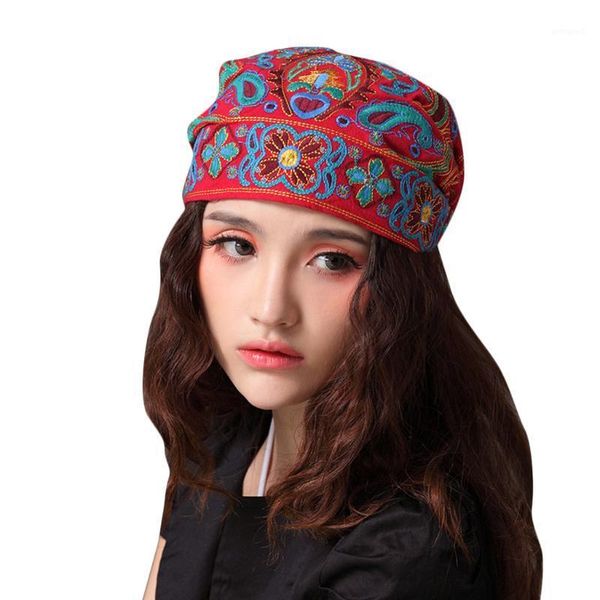 

berets women mexican style ethnic vintage embroidery flowers bandanas red print hat winter hats for women1, Blue;gray