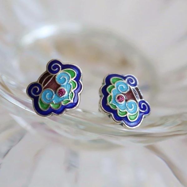 

stud silver enamel blue earrings original retro minority design chinese style ethnic women elegant jewelry, Golden;silver