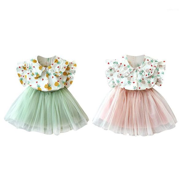 

girls clothing summer kids girls clothes set fruit parrten short t-shirt +bow ball gown skirt 2pcs clothing sets 2-8t1, White