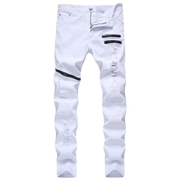 

godlikeu fashion men's ripped slim straight denim pants zipper casual jeans, Blue
